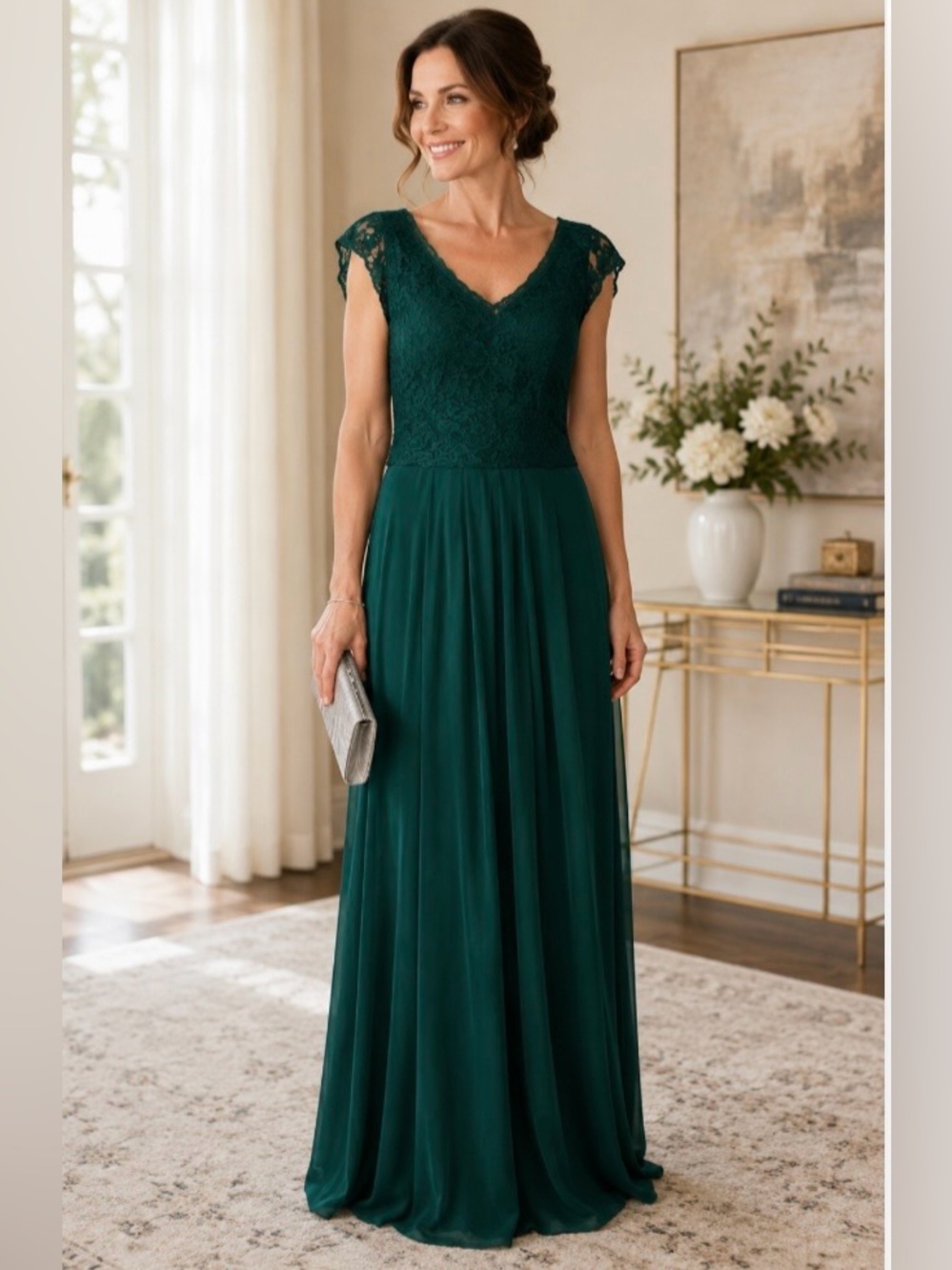 NWT Miusol Dark Green Sz L Evening Gown Lace Bodice Crepe Skirt Sleeveless Lined